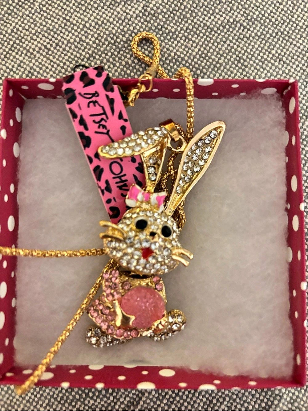 Betsey Johnson Crystal & Enamel Rabbit in a Pink Dress Pendant Necklace